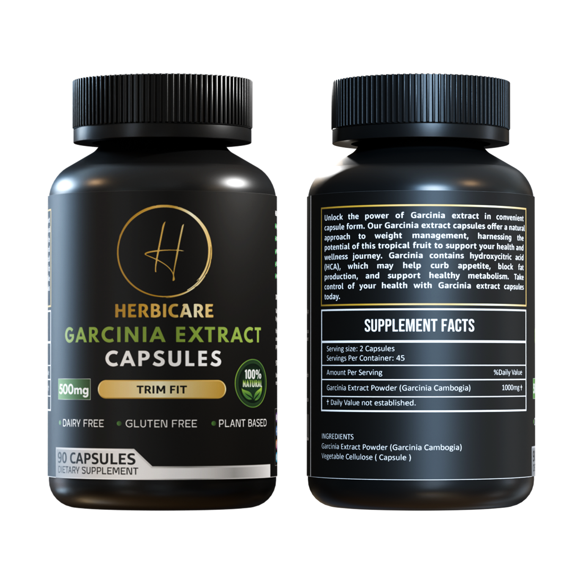 Front and back view of Herbicare Garcinia Extract Capsules 500mg – 90 capsules, black dietary supplement bottle with green text and Supplement Facts label.
