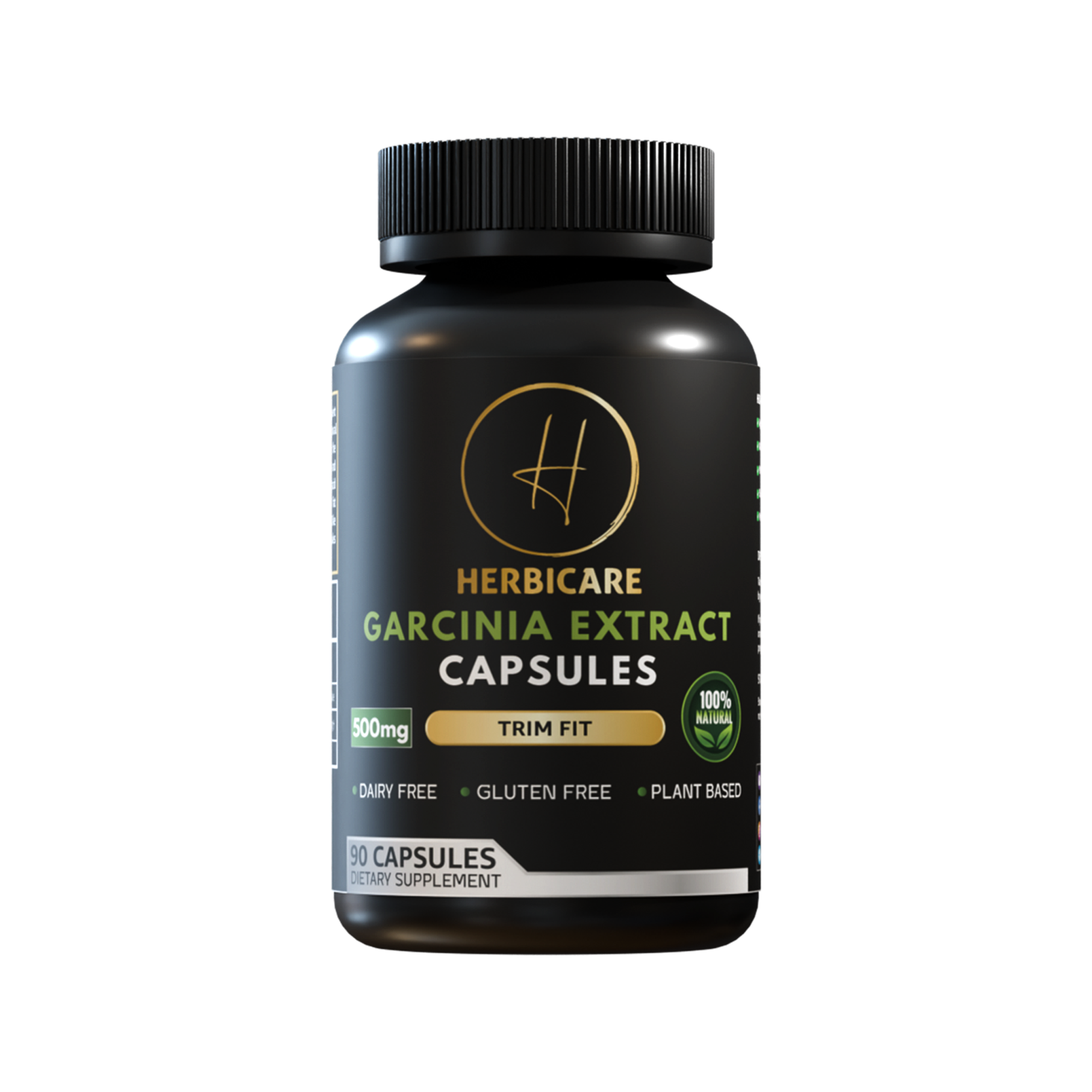 Front view of Herbicare Garcinia Extract Capsules bottle showing product label with 500mg dosage and Trim Fit tag.
