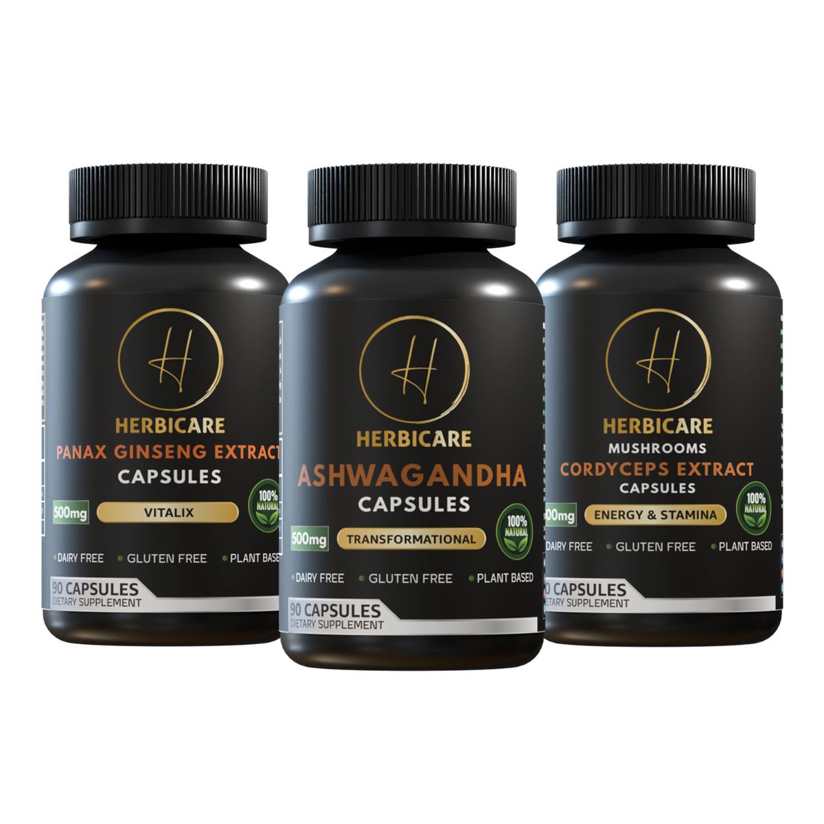 Herbicare Ginseng, Ashwagandha & Cordyceps capsule bundle – three bottles