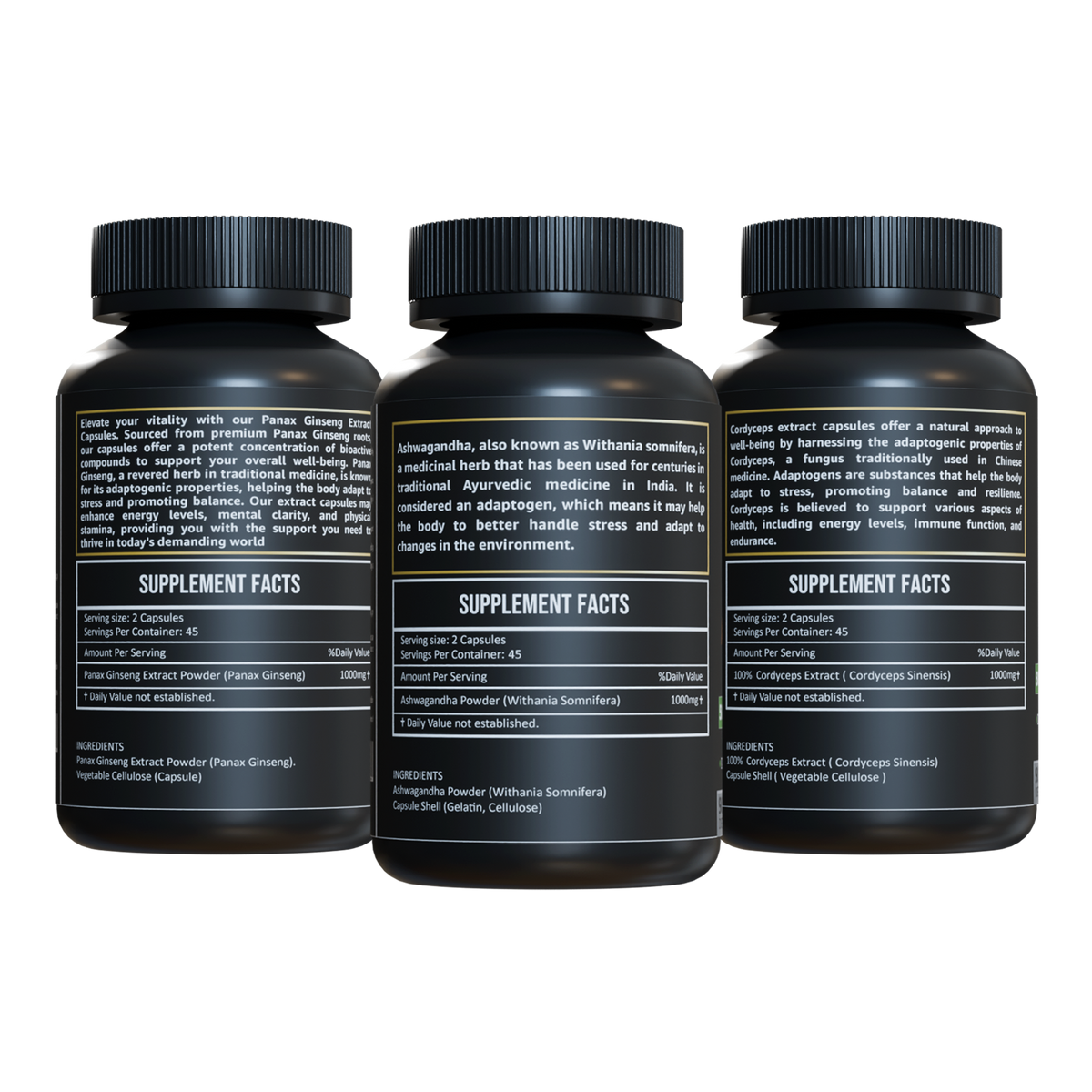 Herbicare Ginseng, Ashwagandha & Cordyceps bundle – supplement facts