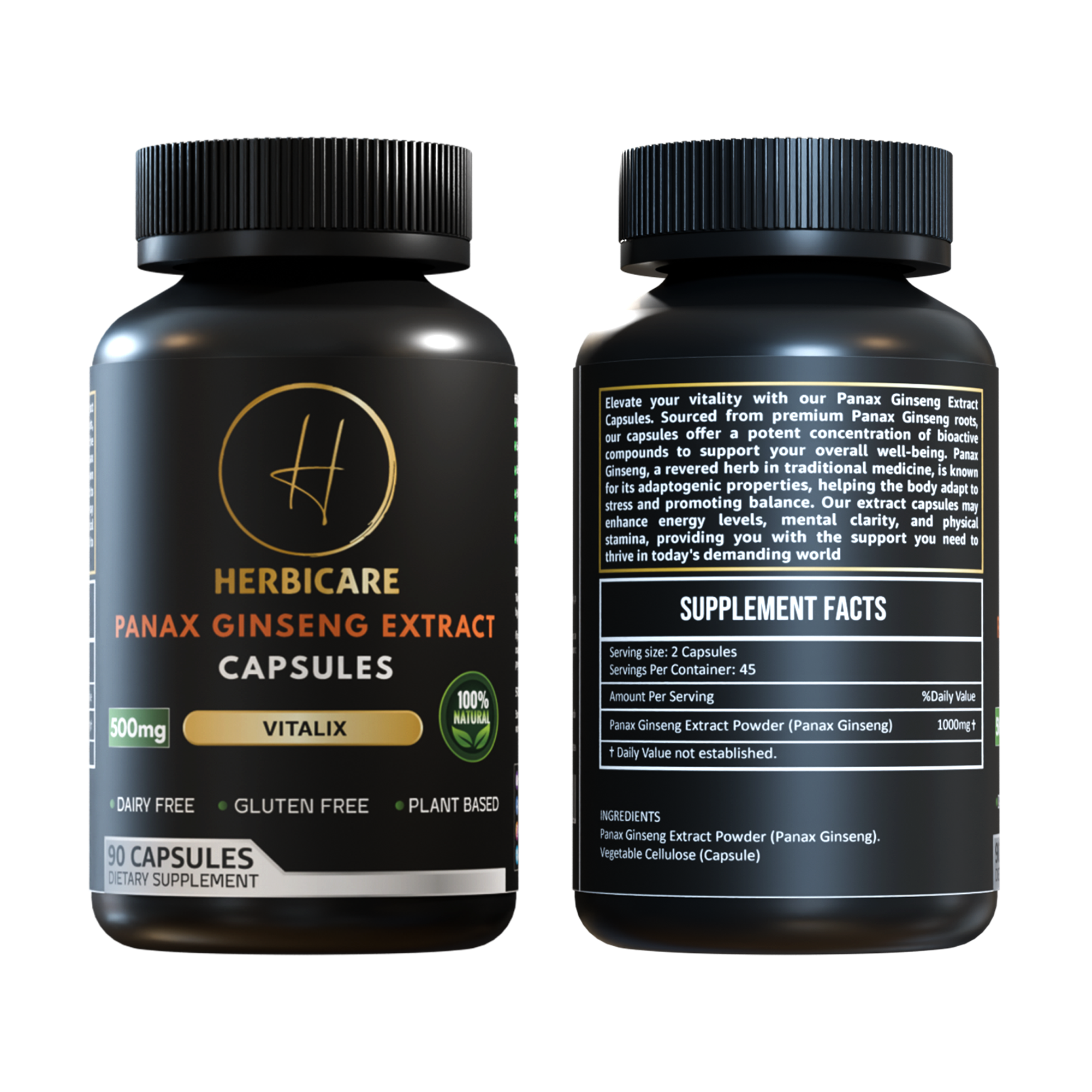 Front and back view of Herbicare Panax Ginseng Extract Capsules bottle showing 500mg strength, 90 capsules, and supplement facts panel.
