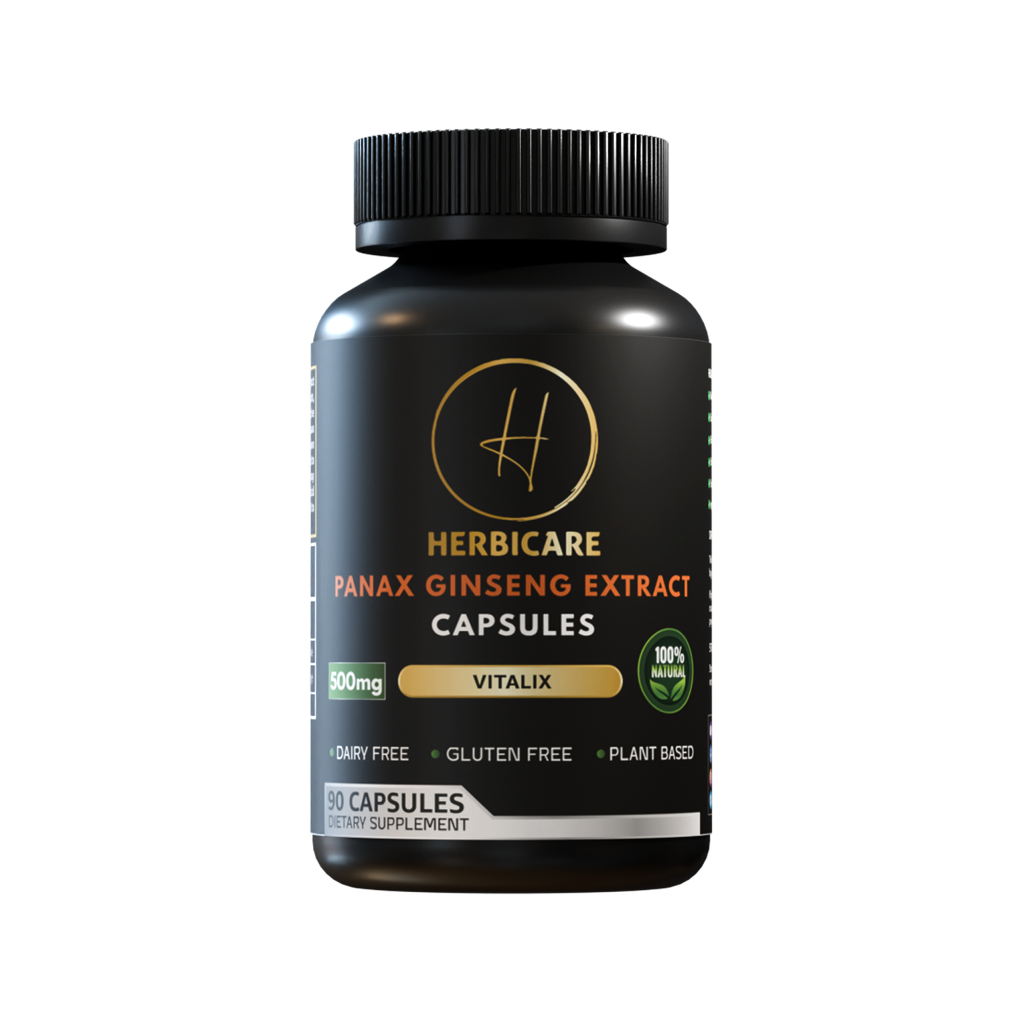 Front view of Herbicare Panax Ginseng Extract Capsules bottle, 500mg, plant-based and gluten-free dietary supplement.
