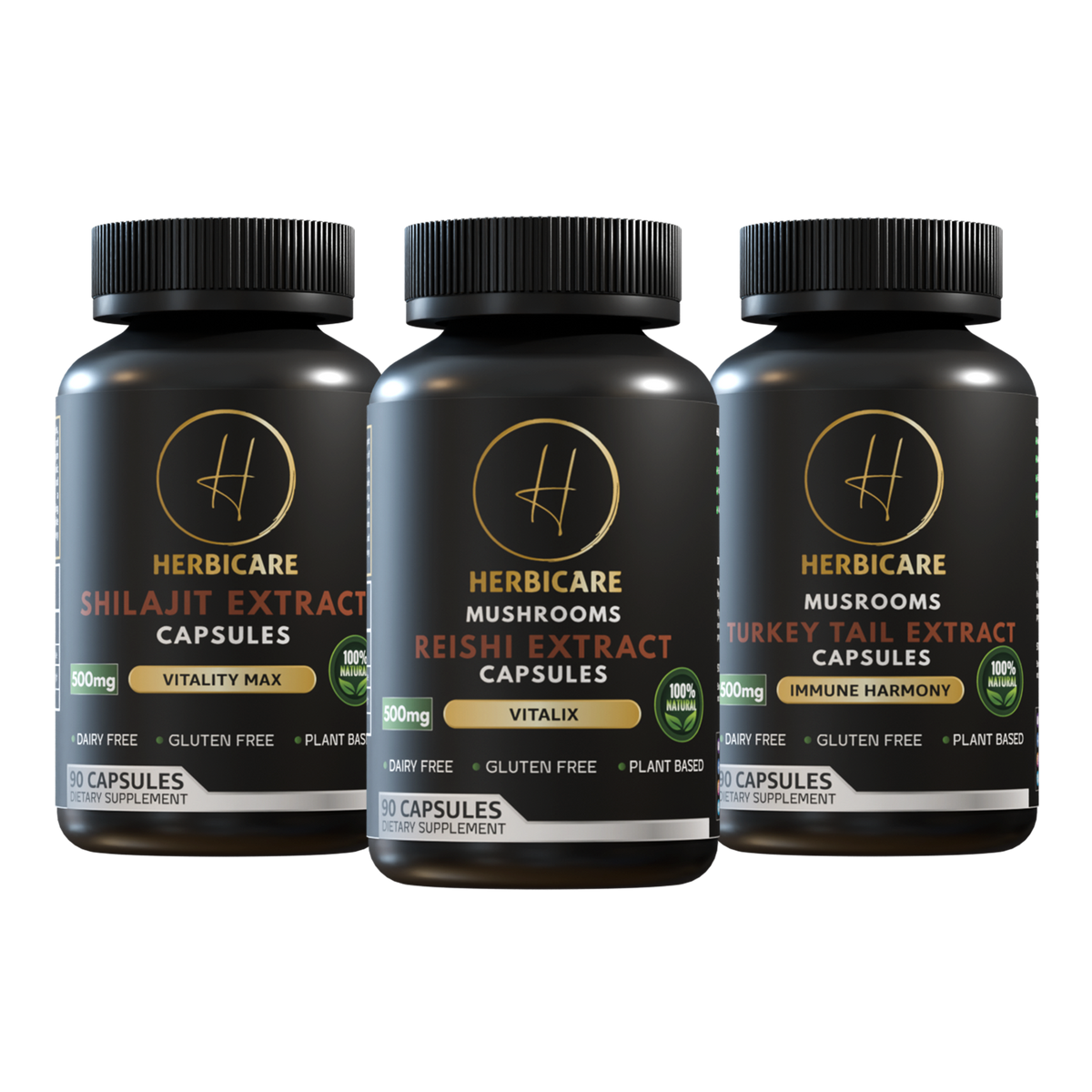 Herbicare Reishi, Shiitake & Turkey Tail capsule trio – three bottles