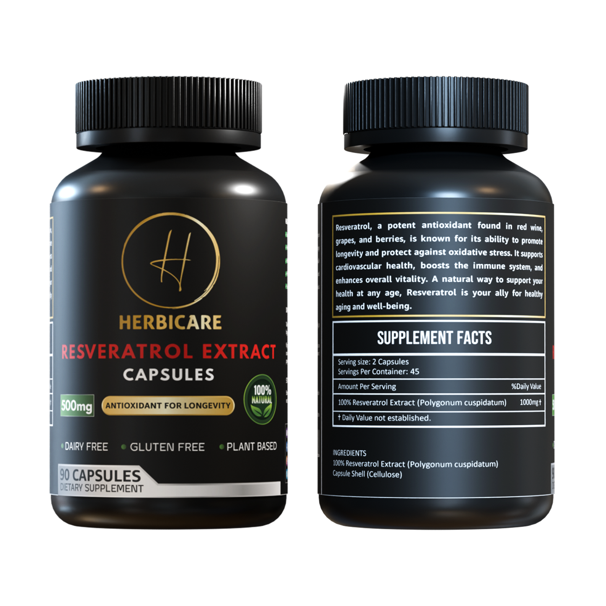 Front and back labels of Herbicare Resveratrol Extract Capsules 500mg, 90-count vegan supplement bottle with ingredient and supplement facts.