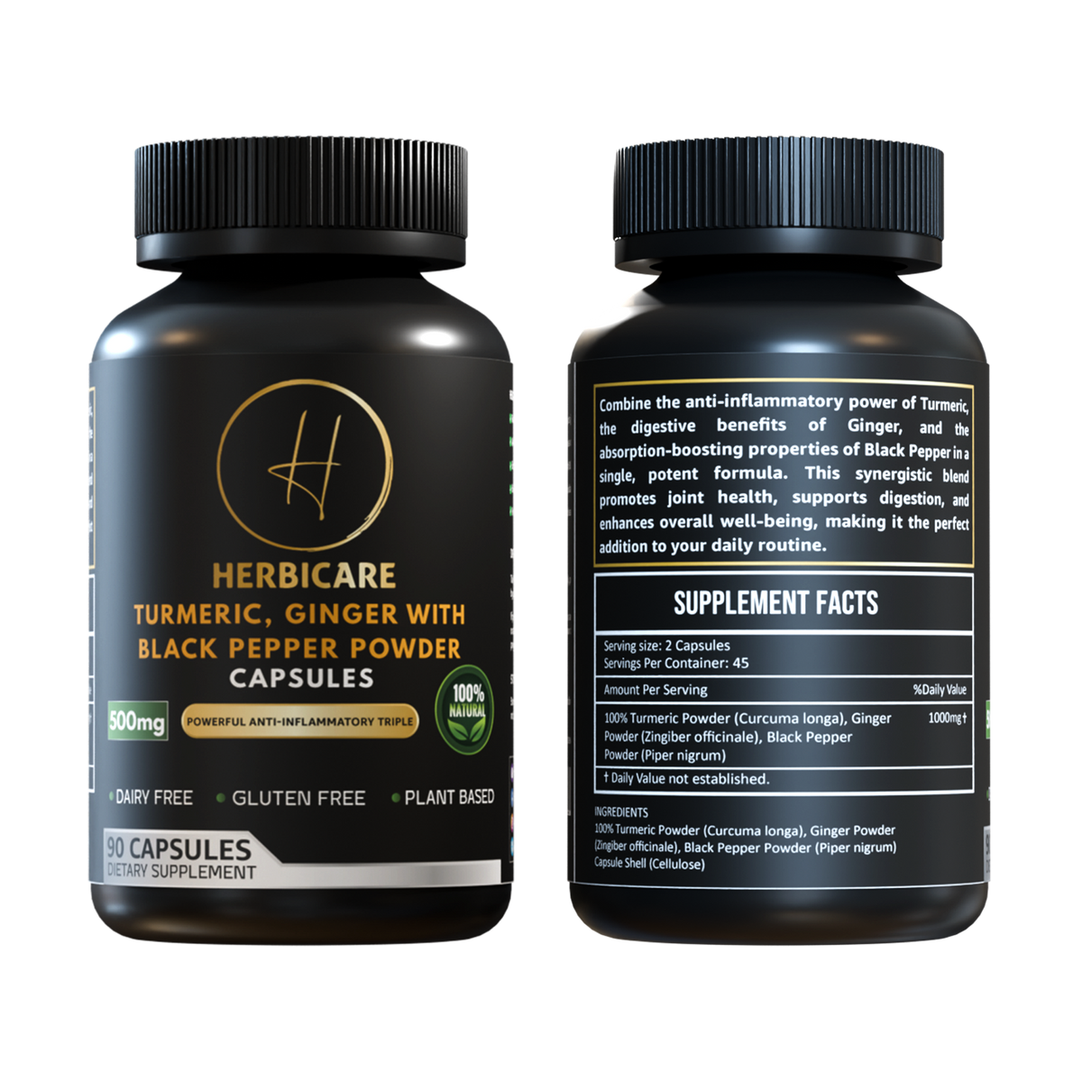 Herbicare Turmeric, Ginger & Black Pepper Capsules – 500mg front label