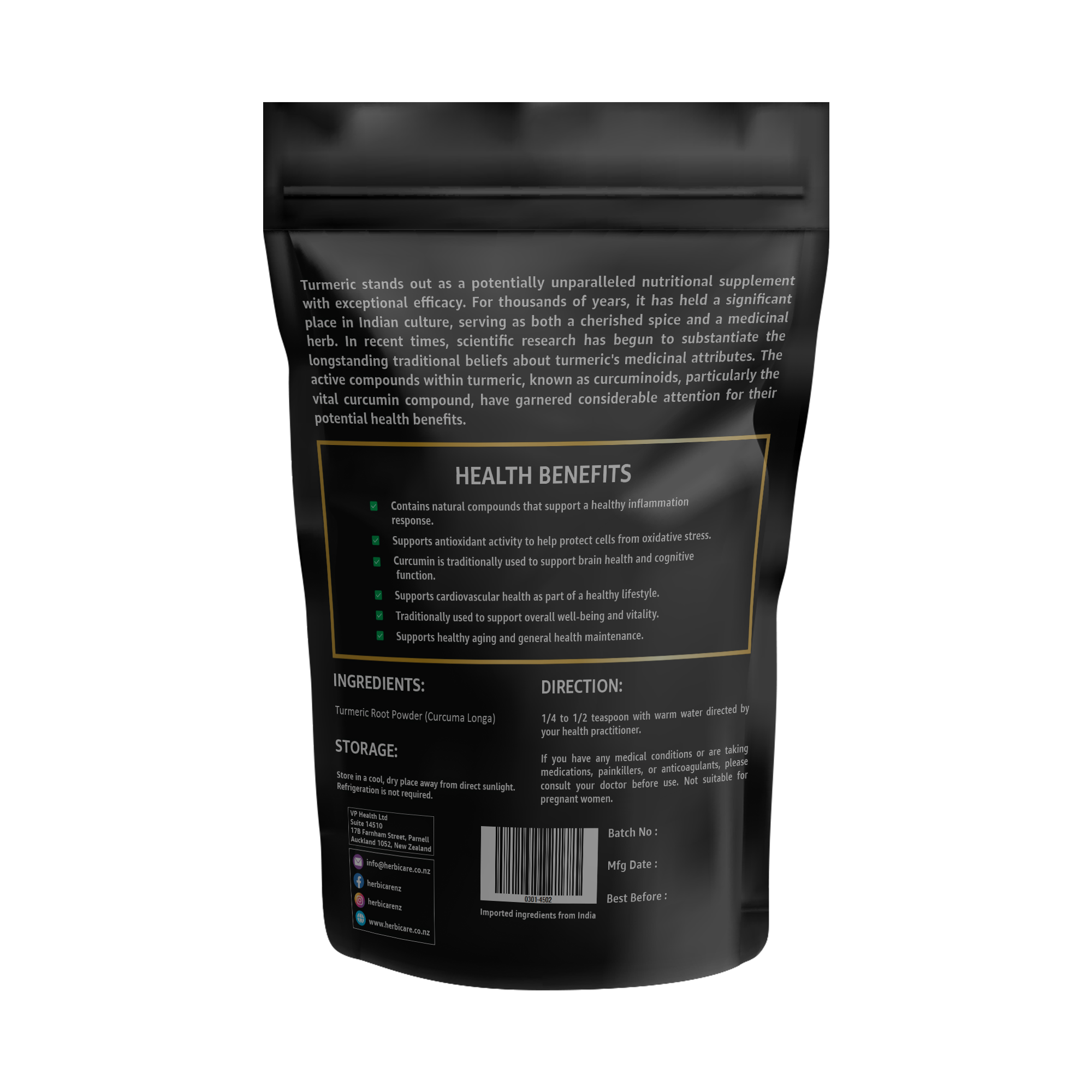 Back view of Herbicare Turmeric Powder pouch with health benefits, ingredient details, dosage instructions, and storage recommendations.
