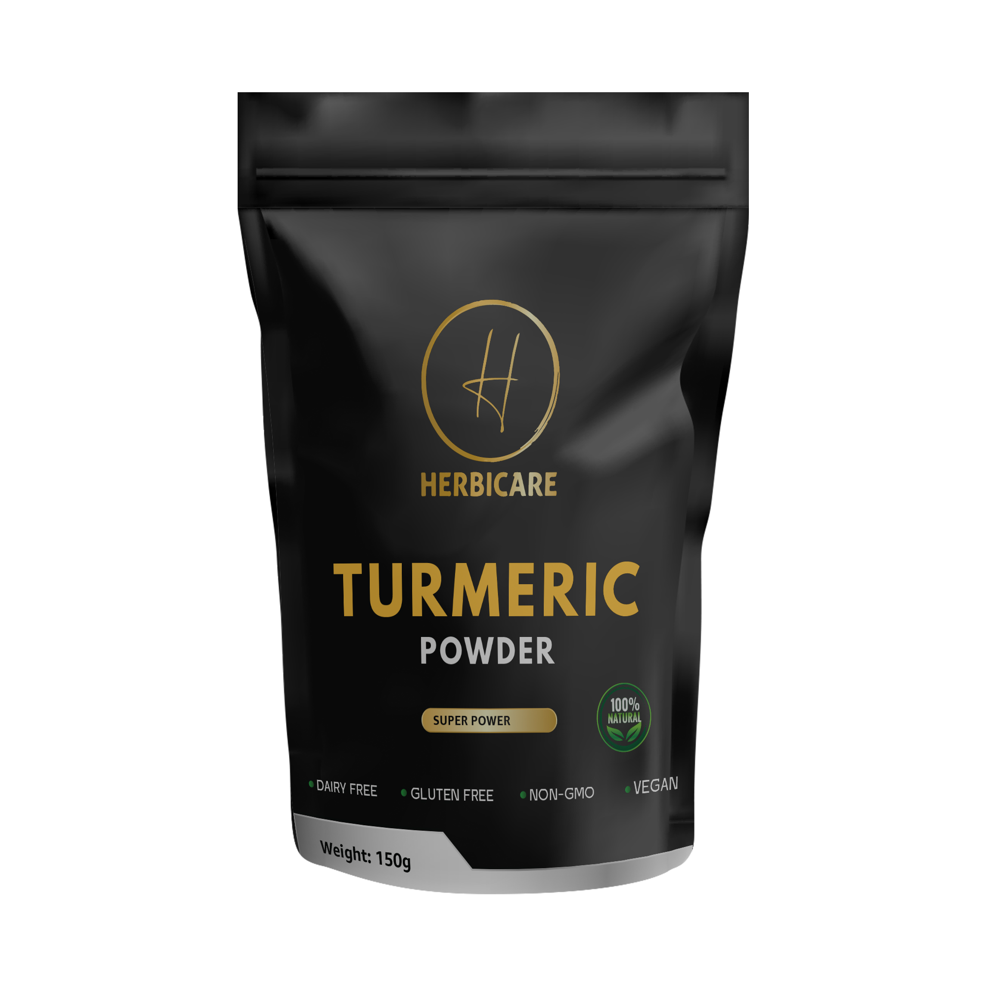 Front view of Herbicare Turmeric Powder pouch, 150g pack, labeled dairy free, gluten free, non-GMO, vegan, and 100% natural.